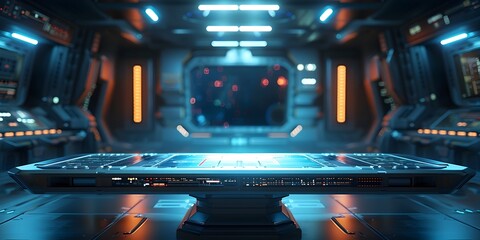 The advanced command table in a high tech spaceship bridge setting ready for showcasing futuristic product concepts and sci fi models