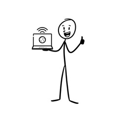standing stick figure holding laptop in hand with thumbs up
