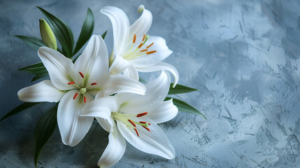 Beautiful White Lilies on Light Background, Close-up Floral Photography with Delicate Petals in Soft Illumination, Elegant Flower Blossoms in Bright Setting, Botanical Beauty, Generative AI

