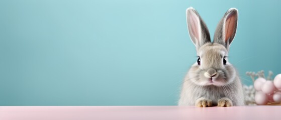 Shy rabbit on pastel background, gentle hues, space for text