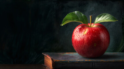 Dramatic and romantic depiction of red apple with green leaves sits on top of a book on a wooden table. - Powered by Adobe