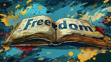 A drawing of an open book with the word "Freedom" written across its pages, symbolizing freedom of speech and education.