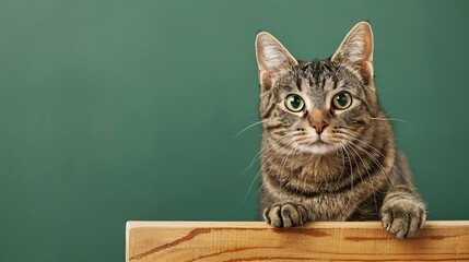 Portrait of a Scottish cat with a sign in the paw on a green background