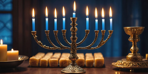 Symbols of jewish holiday - Hanukhah. A  menorah with  candles lit on a table. It is decorated with intricate carvings and stands on a wide base.