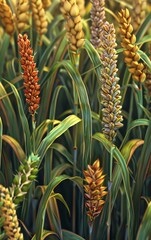 Obraz premium Create a hyper-realistic image of a close-up view of various landrace crop varieties at eye-level angle, showcasing the unique textures and colors with intricate precision