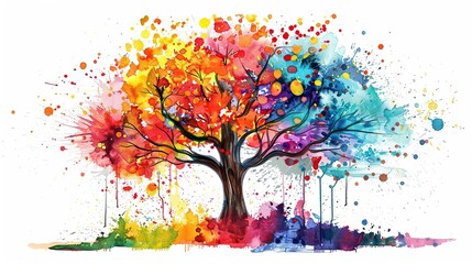Tree with leaves and colorful paint splashes painted in graffiti style on a white background.