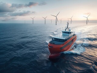 Obraz premium A boat navigating through an offshore wind farm at sunrise, with the sky painted in soft hues and wind turbines standing tall over the ocean.