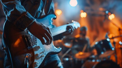 Naklejka premium Close-up of a guitarist playing on stage during a concert, with focus on the instrument and a vibrant, energetic atmosphere.
