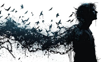 A drawing of a human figure breaking free from chains with birds flying around, symbolizing personal and societal liberation.