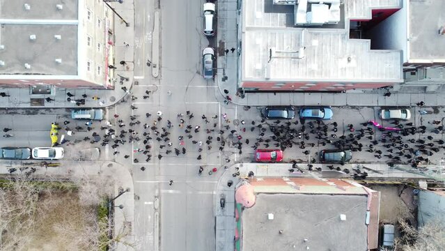 Large crowd gathers for a peaceful protest in downtown Montr&eacute;al, highlighting banners and flags, on a sunny day, wide shot