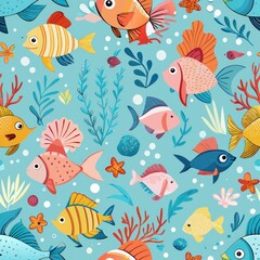 Naklejka premium Seamless pattern of underwater scenes with fish, coral, and sea creatures, perfect for a tropical-themed gift wrap, Generative AI