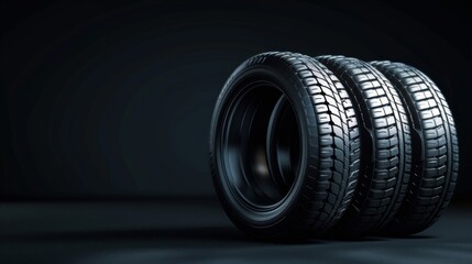 Car tires on black background with copy space. Seasonal replacement of tires. Car care concert
