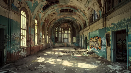 a portrait of an abandoned building with rusty surfaces