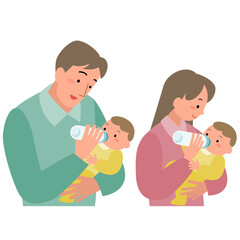 赤ちゃんにミルクを飲ませる父親と母親のセット