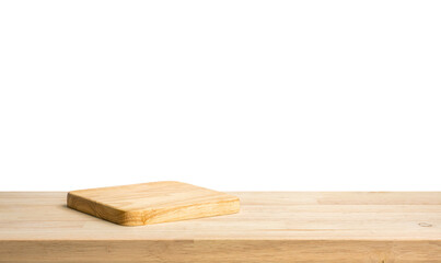 Chopping board on endgrain wood table or kitchen counter bar background.
