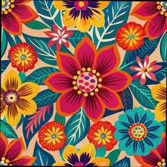 Seamless pattern of vibrant floral motifs rendered in bold, contrasting colors, perfect for a cheerful and lively gift wrap, Generative AI