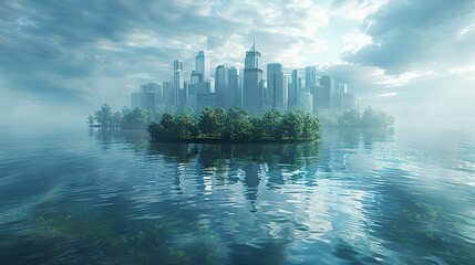 A city submerged in water with skyscrapers barely above the surface conceptual illustration of the...