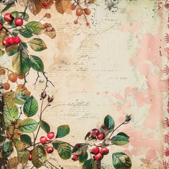 Floral background with rose hip leaves and berries, forest botanical scrapbook page in retro or vintage style, aged paper texture and natural colors, AI generated image