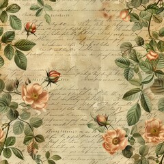 Floral background with rose hip leaves and berries, forest botanical scrapbook page in retro or vintage style, aged paper texture and natural colors, AI generated image