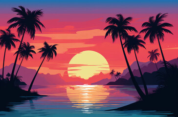 Obraz premium A beautiful sunset on the beach with palm trees illustration of summer trip holidays vacation