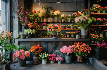 Flower shop interior design, flower wall behind the counter, lots of flowers on shelves and in...
