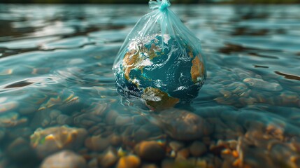 A globe trapped in a plastic bag floating in polluted waters conceptual illustration of the global plastic pollution crisis.