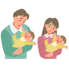 赤ちゃんが泣きやまなくて困っている父親と母親のセット