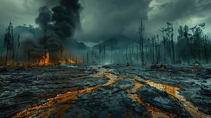 A barren, desolate land with the ghostly remnants of a once-thriving forest conceptual illustration of deforestation and its role in accelerating climate change.