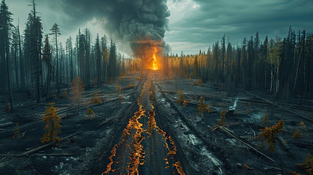 A barren, desolate land with the ghostly remnants of a once-thriving forest conceptual illustration of deforestation and its role in accelerating climate change.