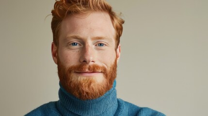 Young adult handsome red haired man portrait, nordic type male model with red hair and beard, studio shot, background with copy space, diversity and different beauty concept, AI generated image