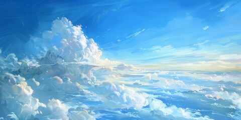 painting style, blue sky, white clouds at the bottom, peacefull