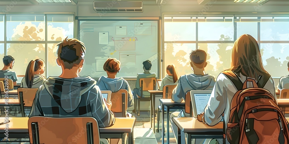 Poster tech integrated classroom with students using digital tablets for interactive learning
