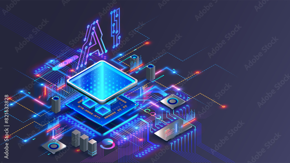 Aufkleber Processor with integration AI. AI Letters on chip. CPU connected to motherboard . Artificial intelligence technology in electronic chip on pcb board. Hardware tech conceptual background. 3d Vector.