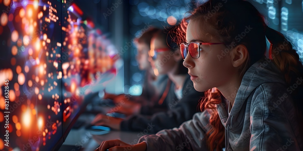 Poster focused tech savvy students coding in vibrant computer lab for education and learning