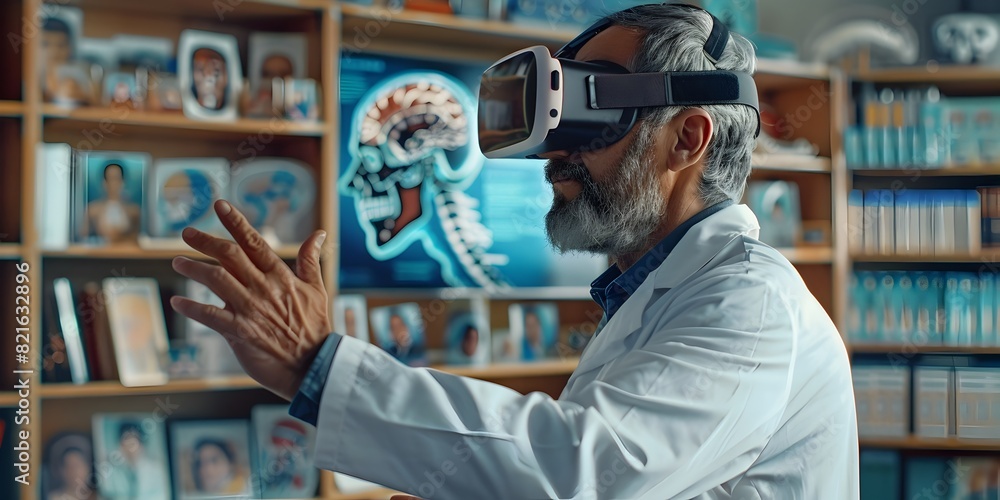 Poster educator utilizing virtual reality for immersive anatomy instruction in futuristic classroom setting