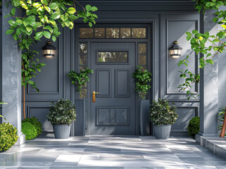 Beautiful grey door of the house with garden outside. Created with Ai