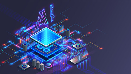 Processor with integration AI. AI Letters on chip. CPU connected to motherboard . Artificial intelligence technology in electronic chip on pcb board. Hardware tech conceptual background. 3d Vector.