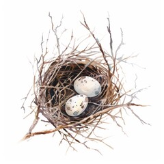 Obraz premium Watercolor painting of a minimalist bird's nest with simple twigs and delicate eggs, on isolated white background, Generative AI