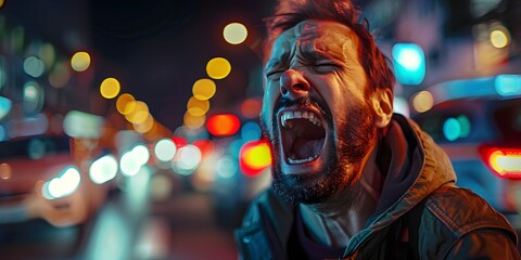 Furious Man Stuck in Nighttime Traffic Venting Intense Emotion and Anger