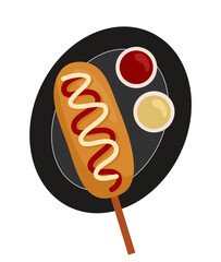 Corn Dog, Korean Street Food. Sausage in dough on a stick with and without condiments. American or Korean street food.  Korean style french fries corn dog (Gamja-hotdog).