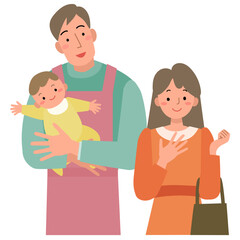 外出する母親と留守番をする赤ちゃんと父親