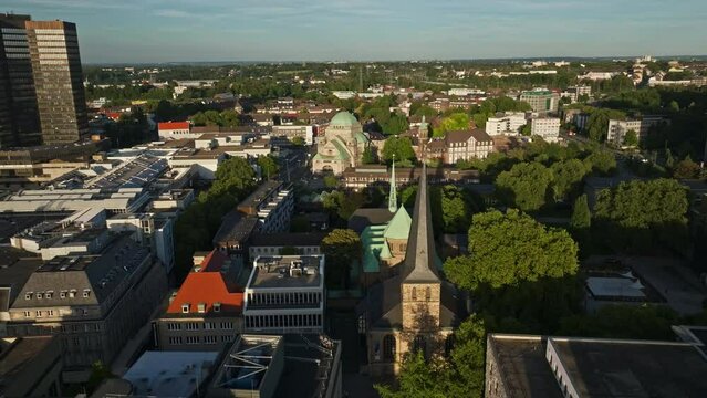 Aerial drone view of Alte Synagoge in Essen , Germany . The Old Synagogue in Essen is one of the largest, best preserved and architecturally most impressive testimonies to Jewish culture .