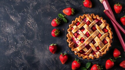 the concept of national strawberry rhubarb pie day, copy space