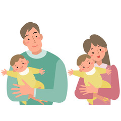 赤ちゃんを抱く父親と赤ちゃんを抱く母親のセット