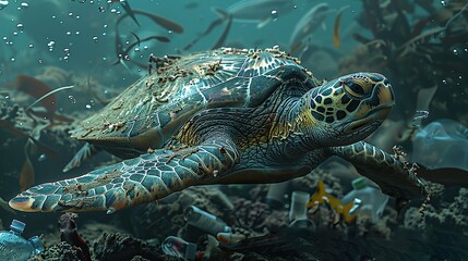 Fototapeta premium A sea turtle swimming through plastic debris in the ocean conceptual illustration of the impact of plastic pollution on marine life.