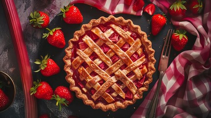 the concept of national strawberry rhubarb pie day, copy space