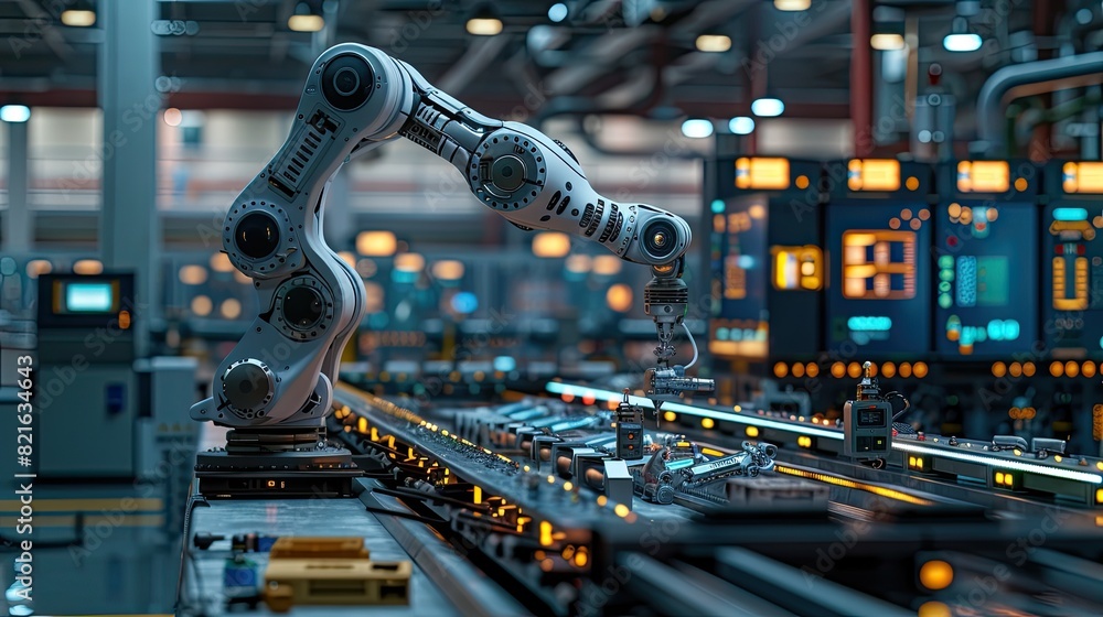Poster this image depicts a high-tech industrial setting, featuring a robotic arm in action. the robotic ar