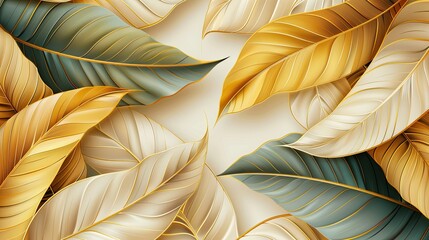 This contemporary illustration showcases a modern twist on banana leaf line arts, featuring opulent gold leaves in a luxurious wallpaper design