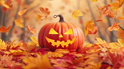 This Halloween-themed animation showcases a flat design of a carved pumpkin placed amidst autumn leaves, all presented in a front view. The color scheme used in this animation follows a tetradic patte