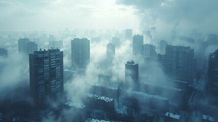 A city skyline obscured by thick, grey smog conceptual illustration of air pollution and its health impacts on urban populations.
